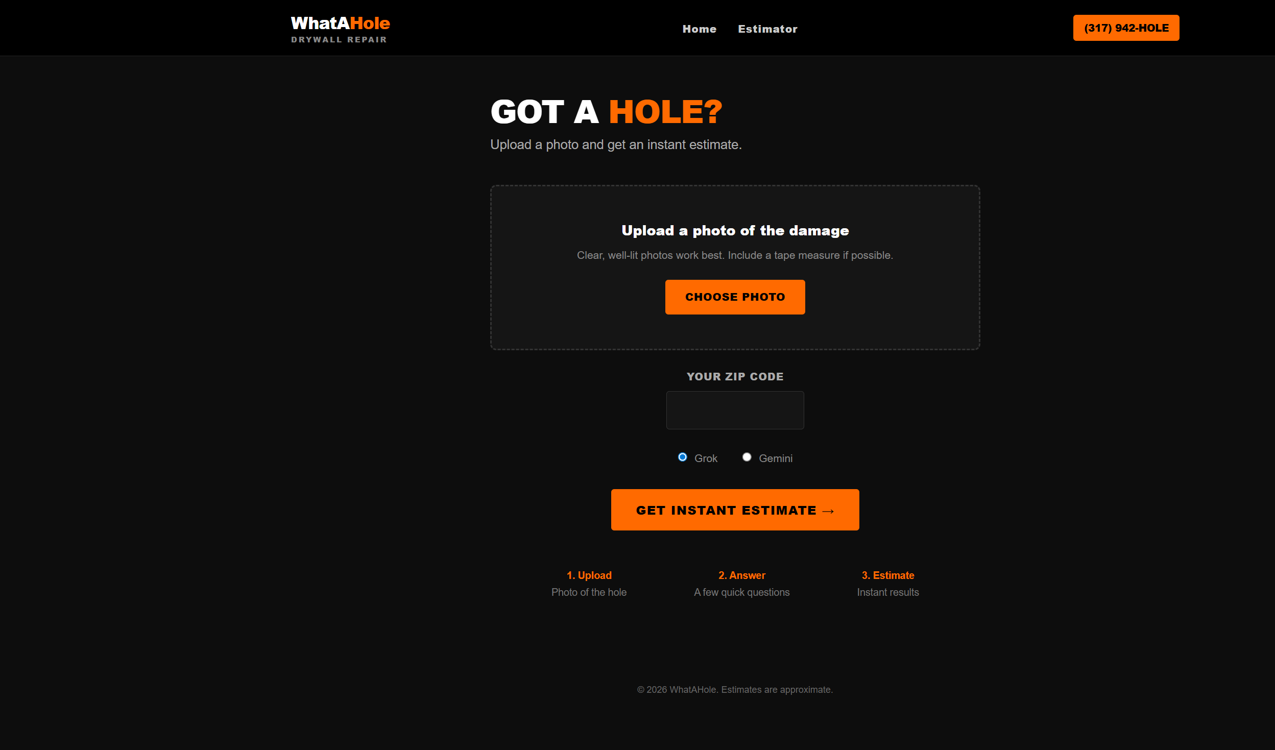 WhatAHole estimator: upload a photo of drywall or sheetrock damage and get an instant estimate.